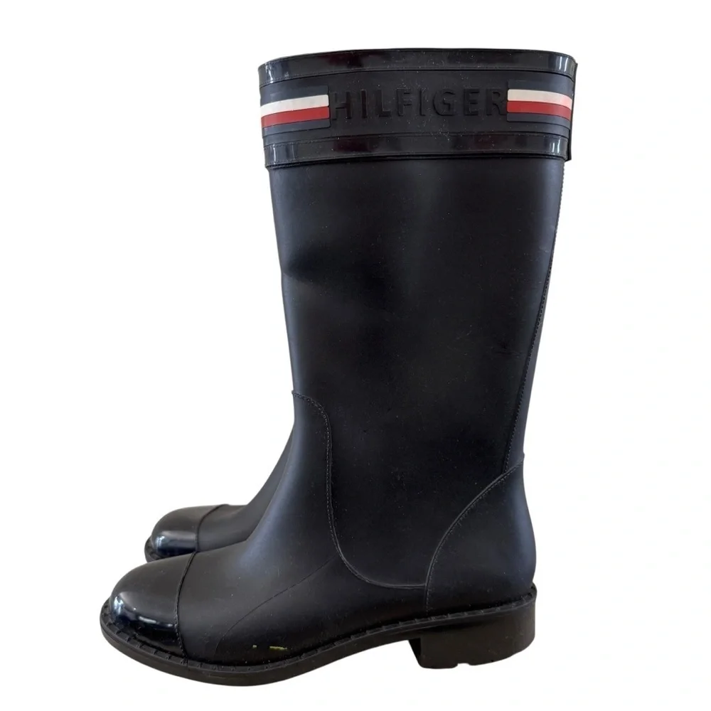 Tommy Hilfiger Black Calf Height Stripe Top Rain Boots 7